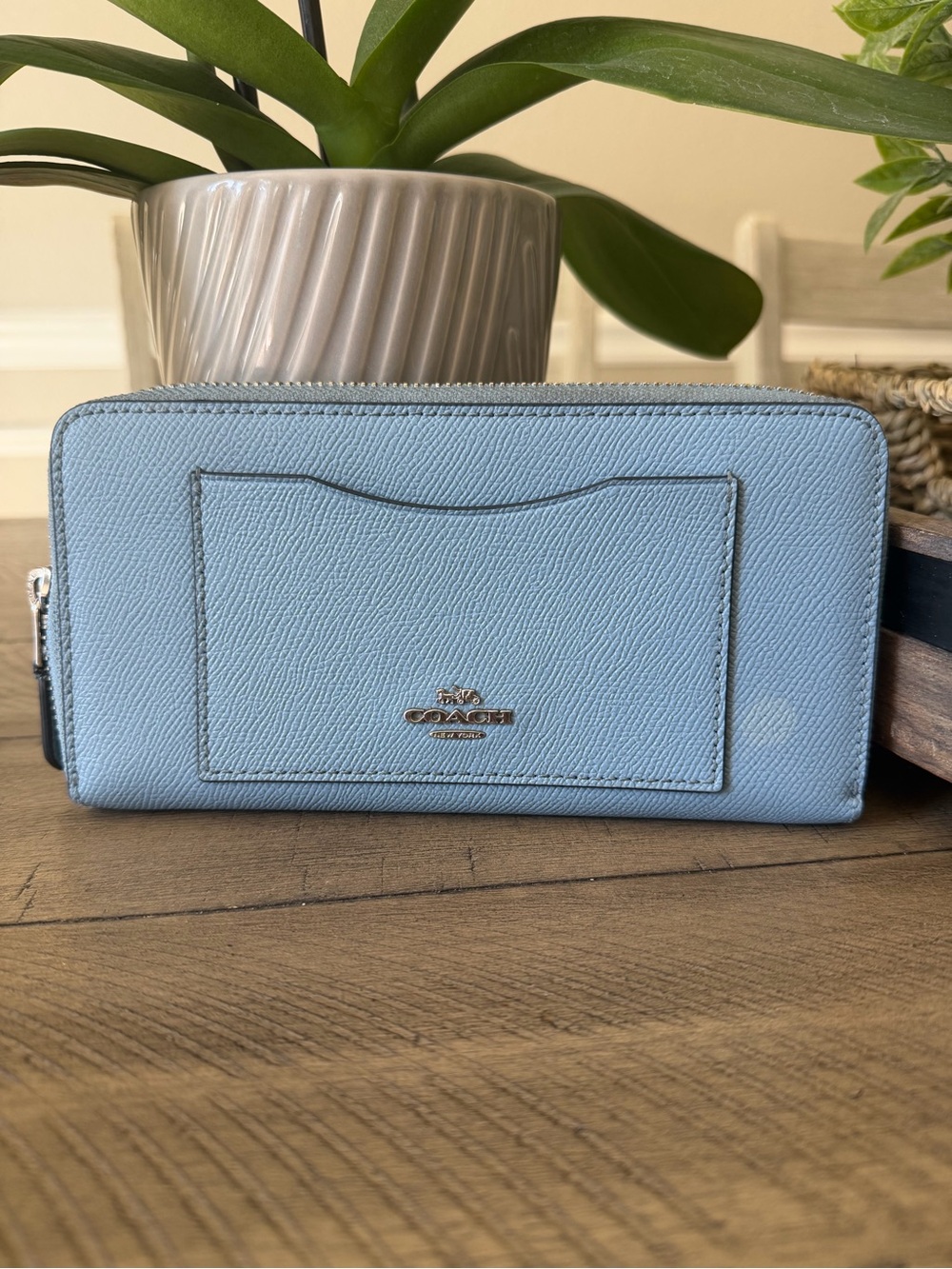 Coach Light Blue Saffiano Zip Wallet with Silver Logo